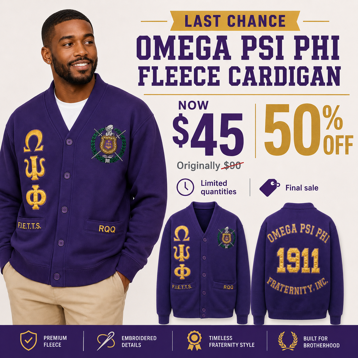 Omega Psi Phi Fleece Cardigan Sweater – Last Chance